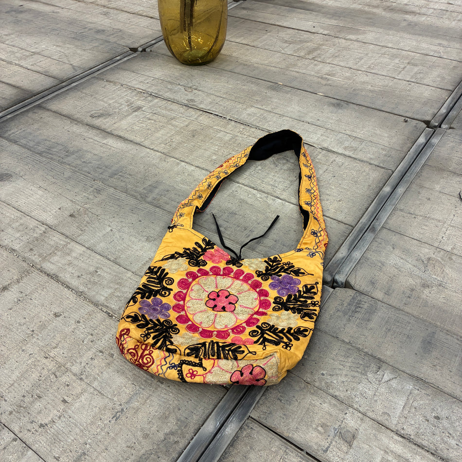 Oriental shoulder bag Suzani handbag embroidered yellow colorful bag used