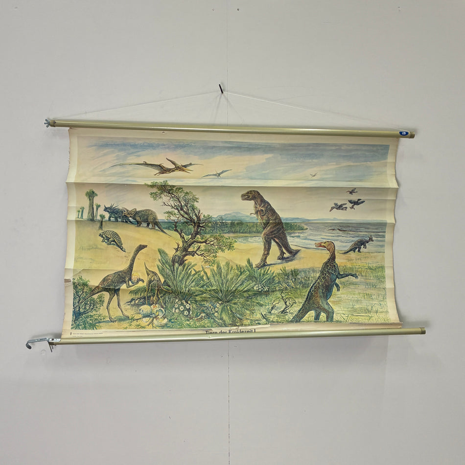 Vintage Schulkarte Tiere der Kreidezeit I Dinosaurier Rollbild Lehrtafel Wanddeko