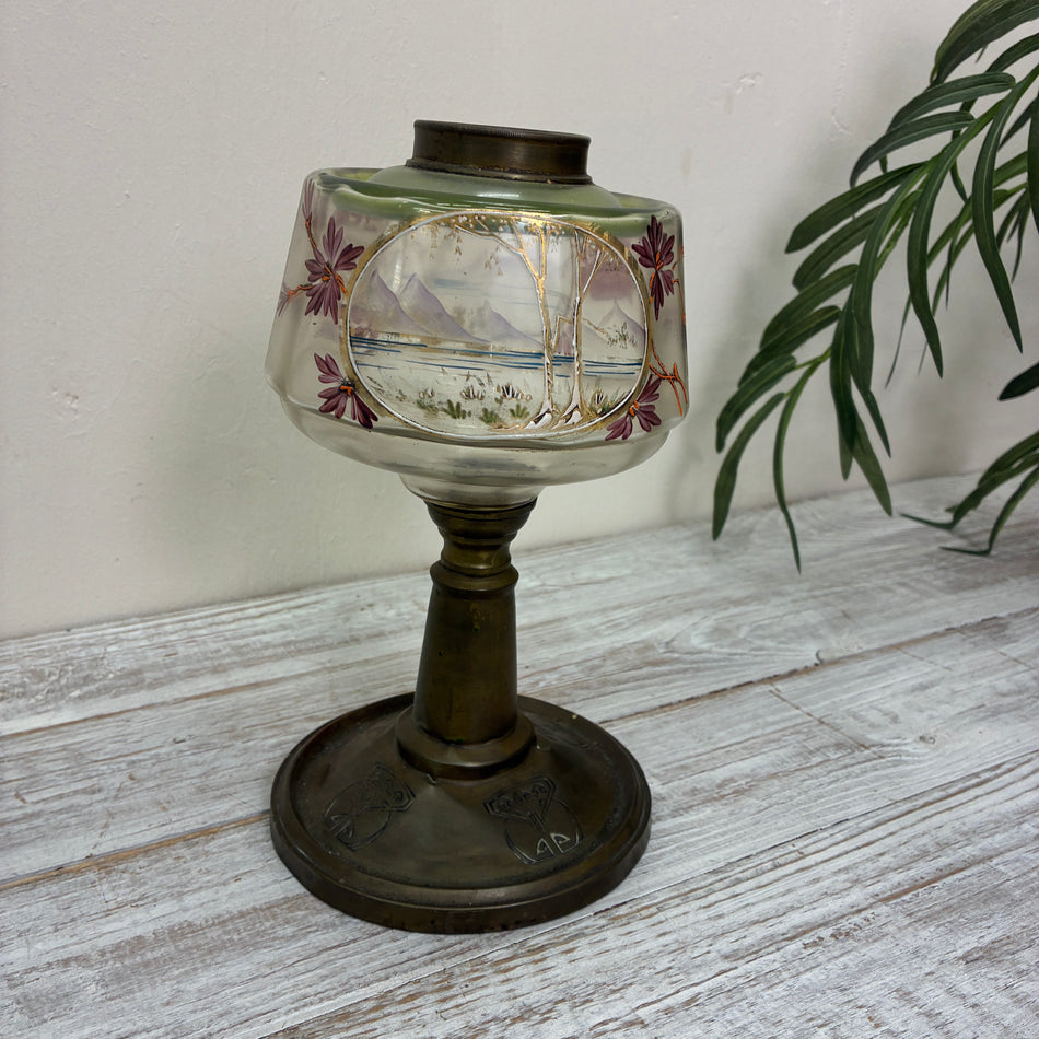 Antike Petroleumlampe Art Nouveau Jugendstil Messing Glaskunst Handbemalt Deko Gebraucht