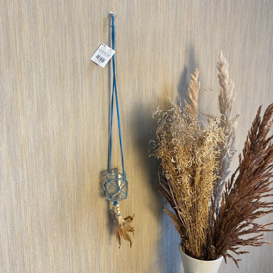 Teelichthalter Lederanhänger Boho 60cm blau Deko