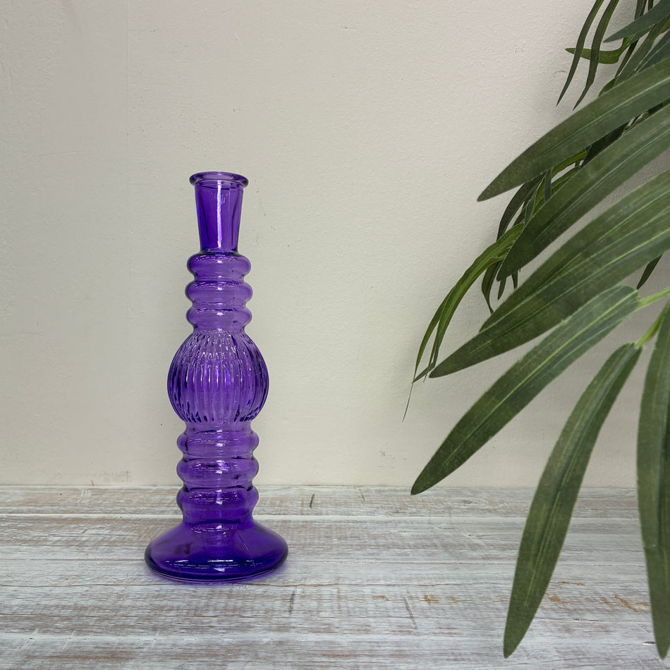 Vase Lila Glas Geriffelt Deko Kerzenhalter Retro 23cm