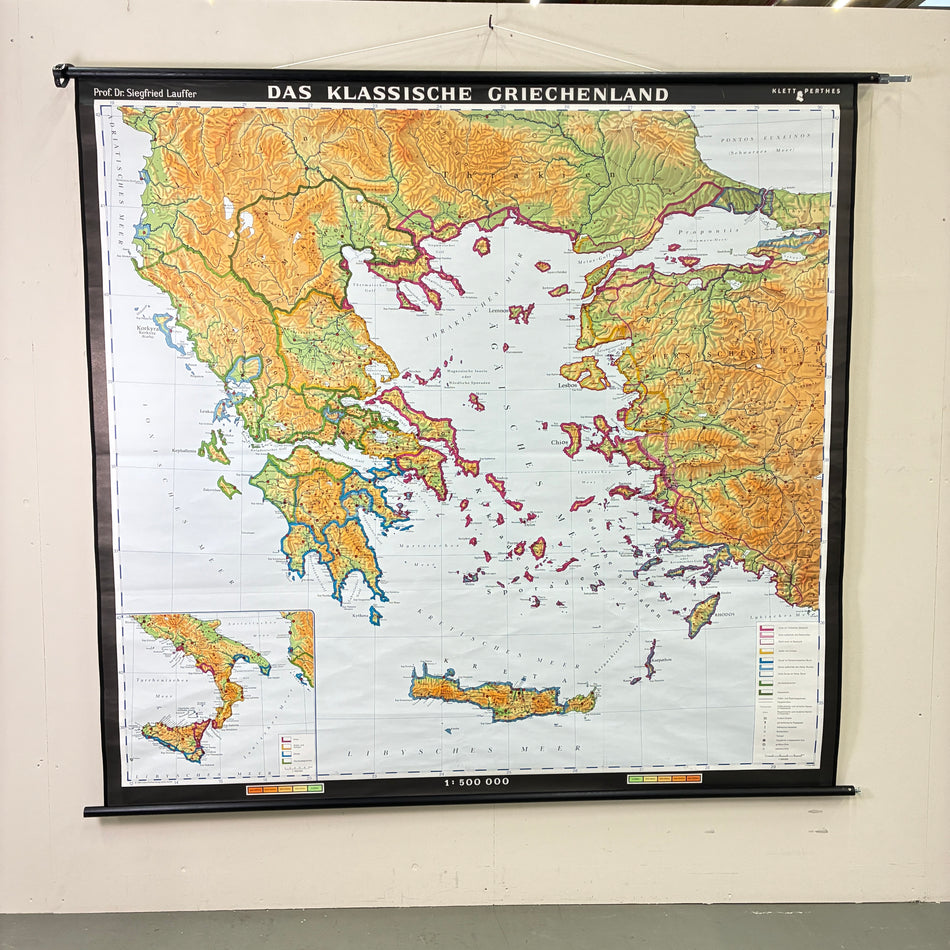 Vintage School Map – Classical Greece – Geography Educational Chart Velcro Perthes Roll Map Used