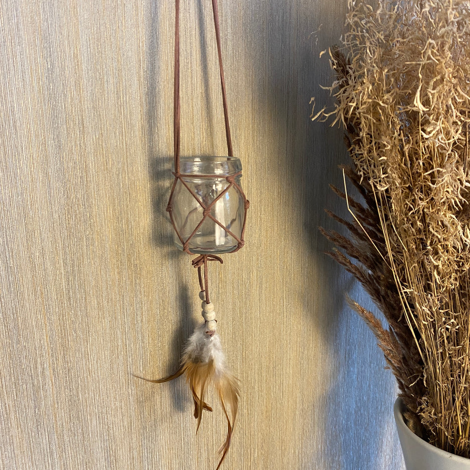 Teelichthalter Lederanhänger Boho 60cm braun Deko