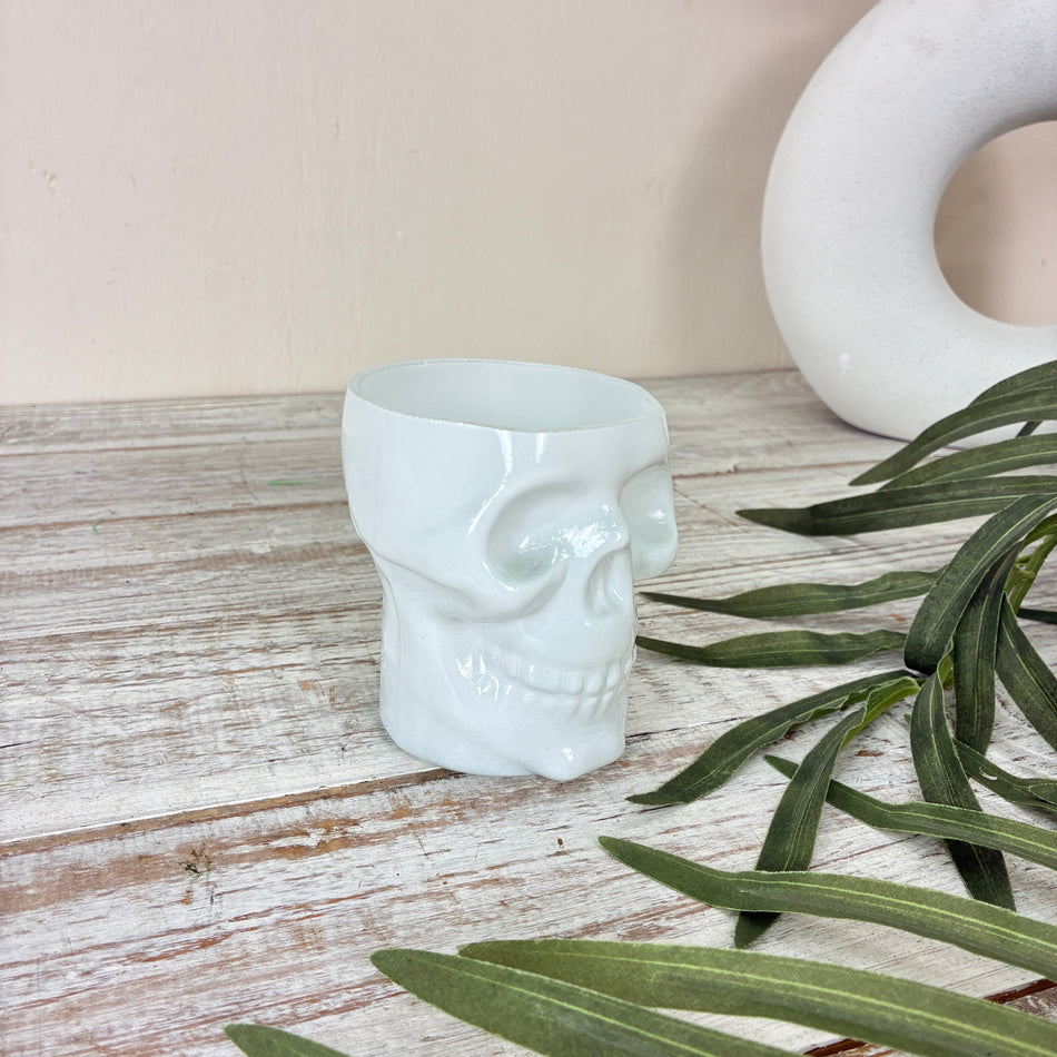 Teelichthalter Totenkopf 10cm Weiß Keramik Kerzenhalter Deko