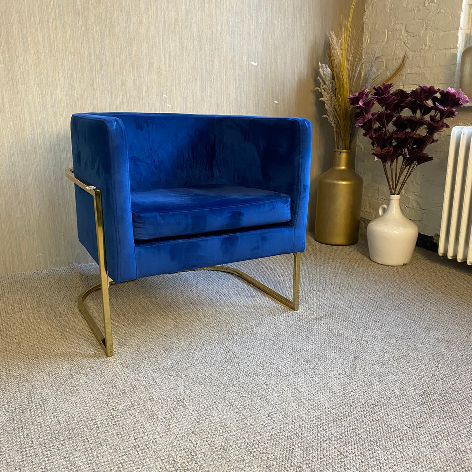 Königsblauer Samtsessel mit goldfarbenem Metallgestell – moderner luxuriöser Lounge Stil – Sessel gebraucht