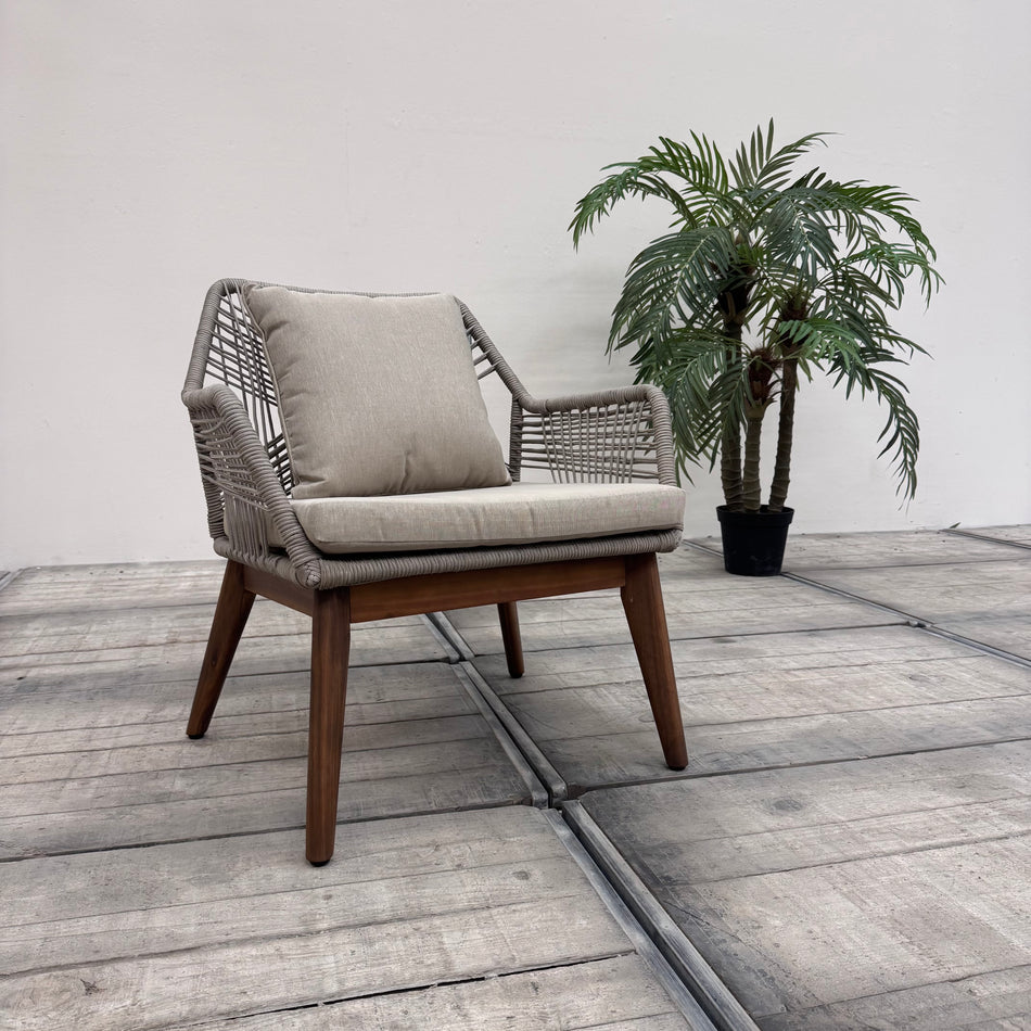 Design Outdoor Sessel Beige Geflecht Holz Garten Loungesessel