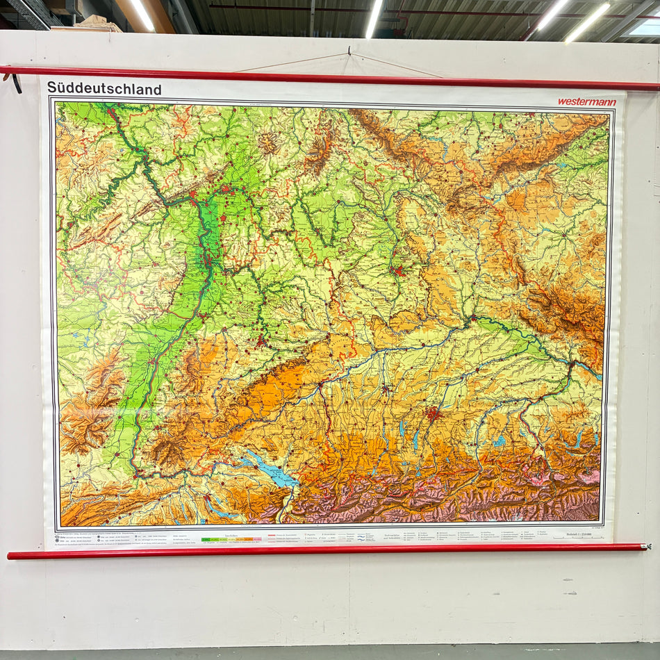 Vintage School Map – Southern Germany – History Geography Teaching Chart Westermann Roll Map Used