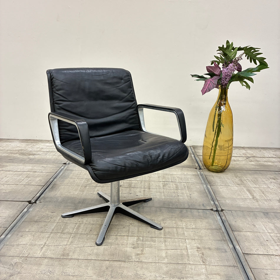 Wilkhahn Delta lounge chair, black leather, aluminum, 1960s–70s vintage