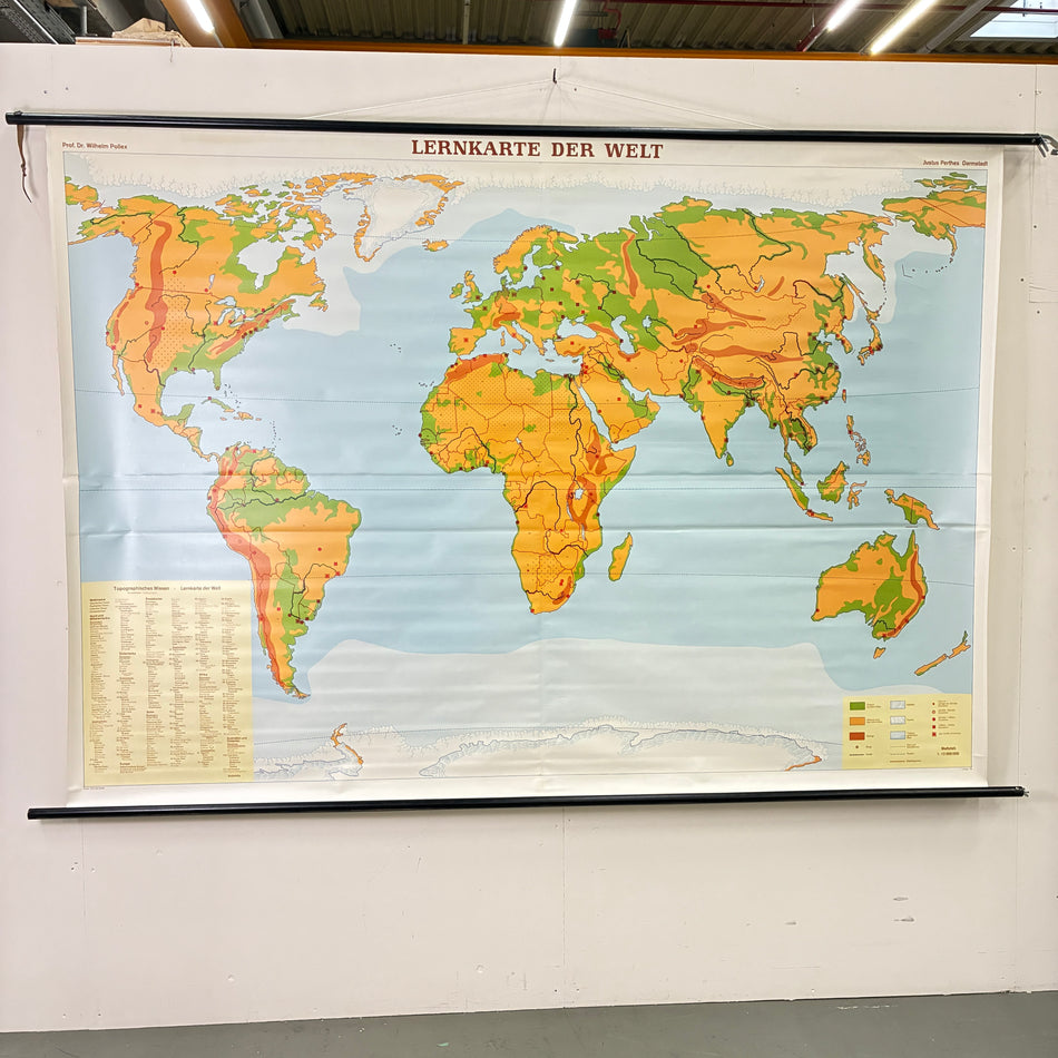 Vintage School Map – Educational Map of the World – Geography Teaching Chart Justus Perthes Roll Map Used