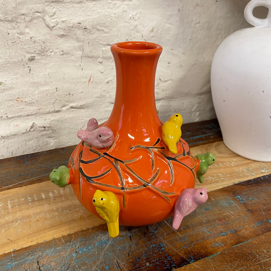 Vase orange Keramik Vogel Blumenvase Deko klein