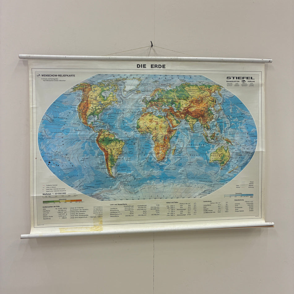 Vintage Schulkarte – Die Erde Welt-Reliefkarte – Geografie Lehrtafel Rollbild Wanddeko
