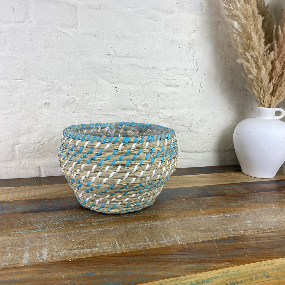 Korb beige blau Holz 26cm Blumentopf mit Beschichtung
