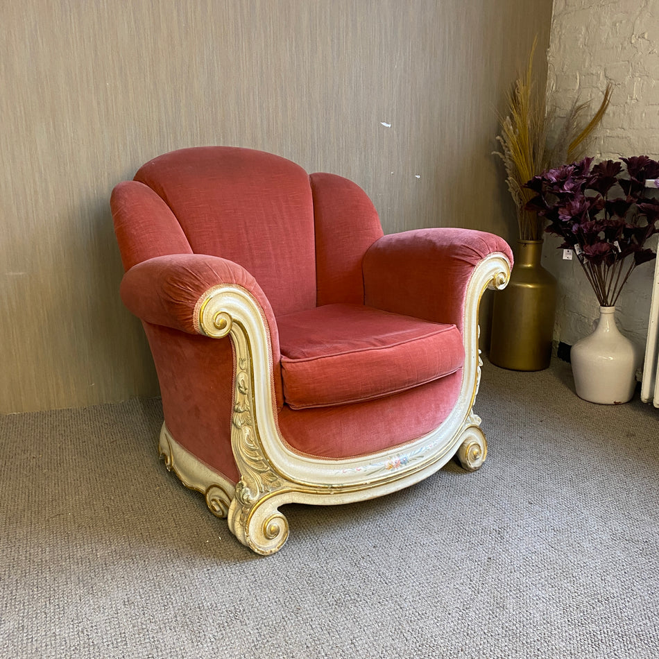 Barock Sessel Rot mit Holzschnitzereien – Eleganter Vintage Ohrensessel gebraucht