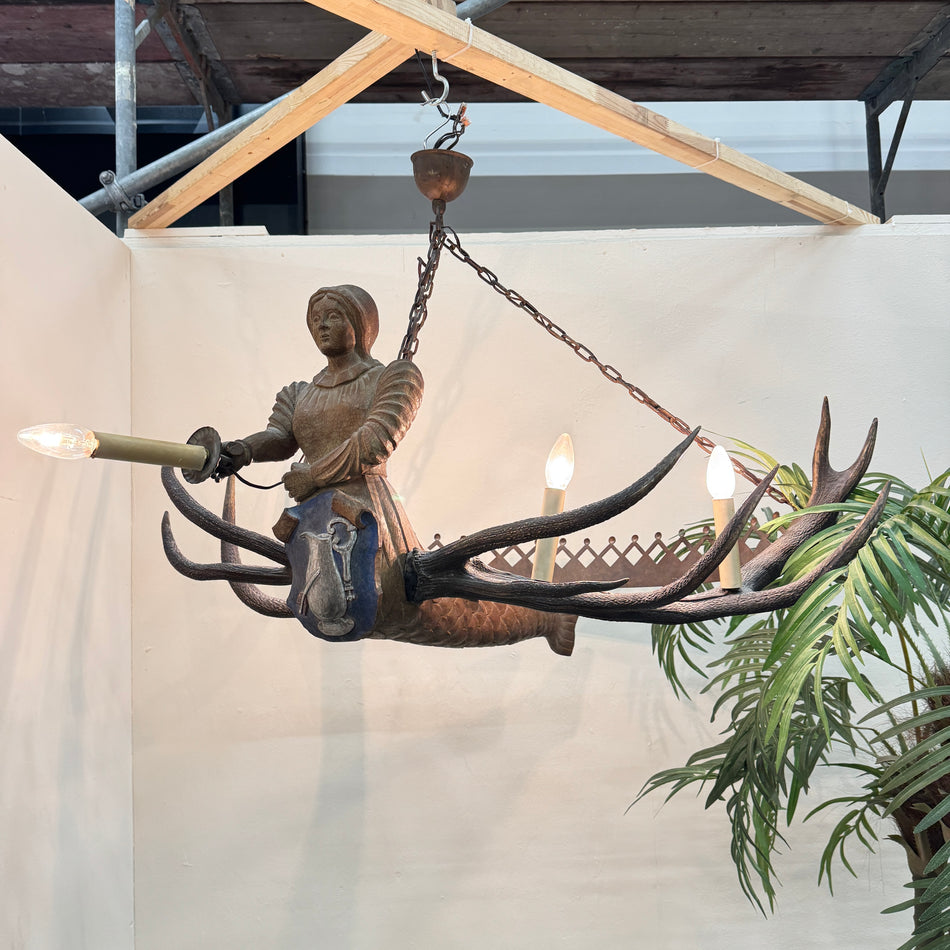 Lüsterweibchen Kronleuchter Geweihlampe Wappenschild 5-flammig nach 1900 Vintage