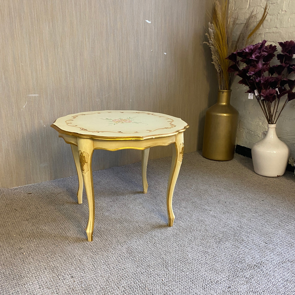 Runder Vintage Beistelltisch Gelb Gold mit Blumenmotiv – Shabby Chic Tisch gebraucht