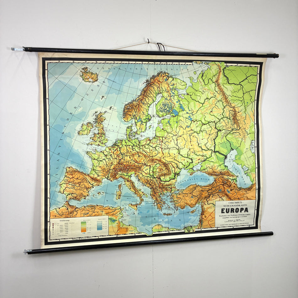Vintage Schulkarte – Europa physisch – Columbus Geografie Lehrtafel Rollbild Wanddeko