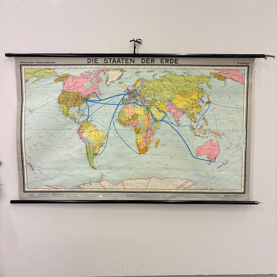 Vintage Schulkarte – Die Staaten der Erde (Verkehrsnetz) – Geografie Lehrtafel Wanddeko