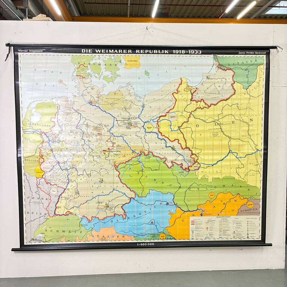 Vintage School Map – The Weimar Republic – History Geography Teaching Chart Justus Perthes Roll Map Used