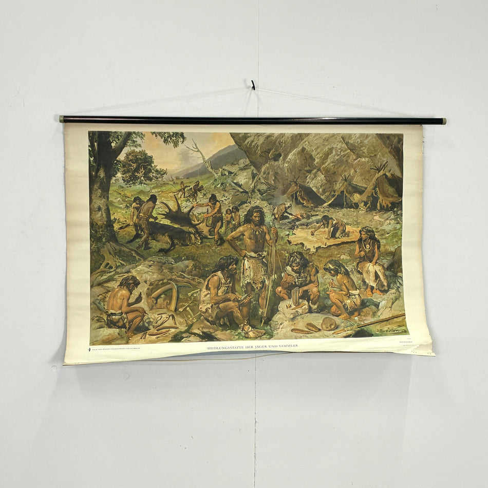 Vintage Schulwandkarte „Siedlungsstätte der Jäger und Sammler“ – Rollbild Lehrtafel Wanddeko