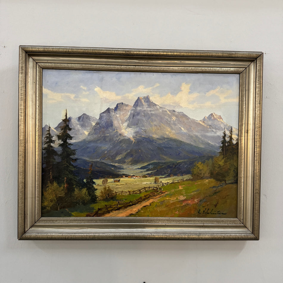 Adolf Schlüter Ölgemälde Gebirgslandschaft Alpen Rahmen Leinwand Vintage
