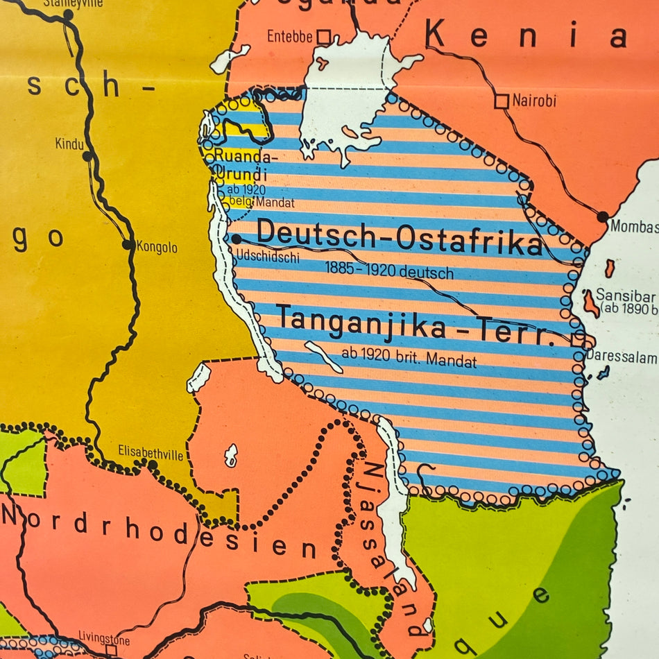 Vintage School Map – Africa – The Colonial Partition – History Geography Teaching Chart Justus Perthes Roll Map Used