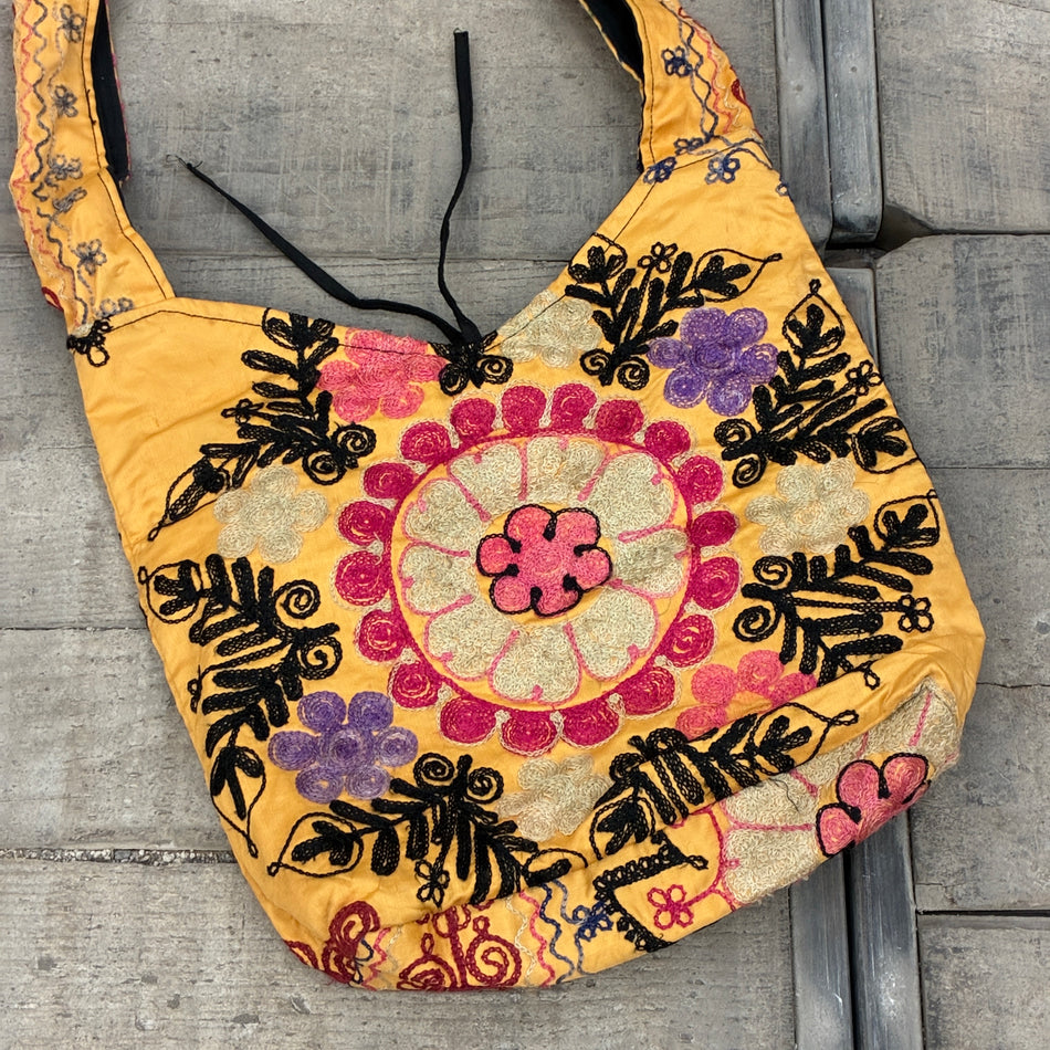 Oriental shoulder bag Suzani handbag embroidered yellow colorful bag used