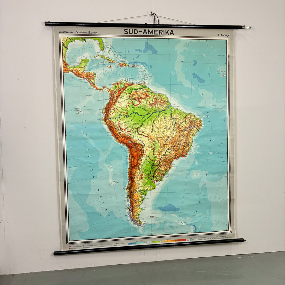 Vintage Schulkarte – Süd-Amerika – Geografie Lehrtafel Rollbild Wanddeko