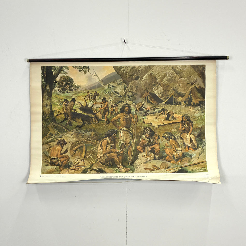 Vintage Schulwandkarte „Siedlungsstätte der Jäger und Sammler“ – Rollbild Lehrtafel Wanddeko