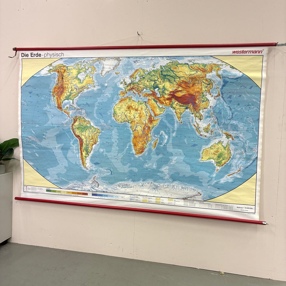 Vintage Schulkarte – Erde physisch – Westermann Geografie Lehrtafel Rollbild Wanddeko