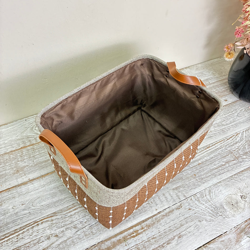 KidsDepot Aufbewahrungskorb Stoffkorb Braun Grau M Ledergriffe Deko