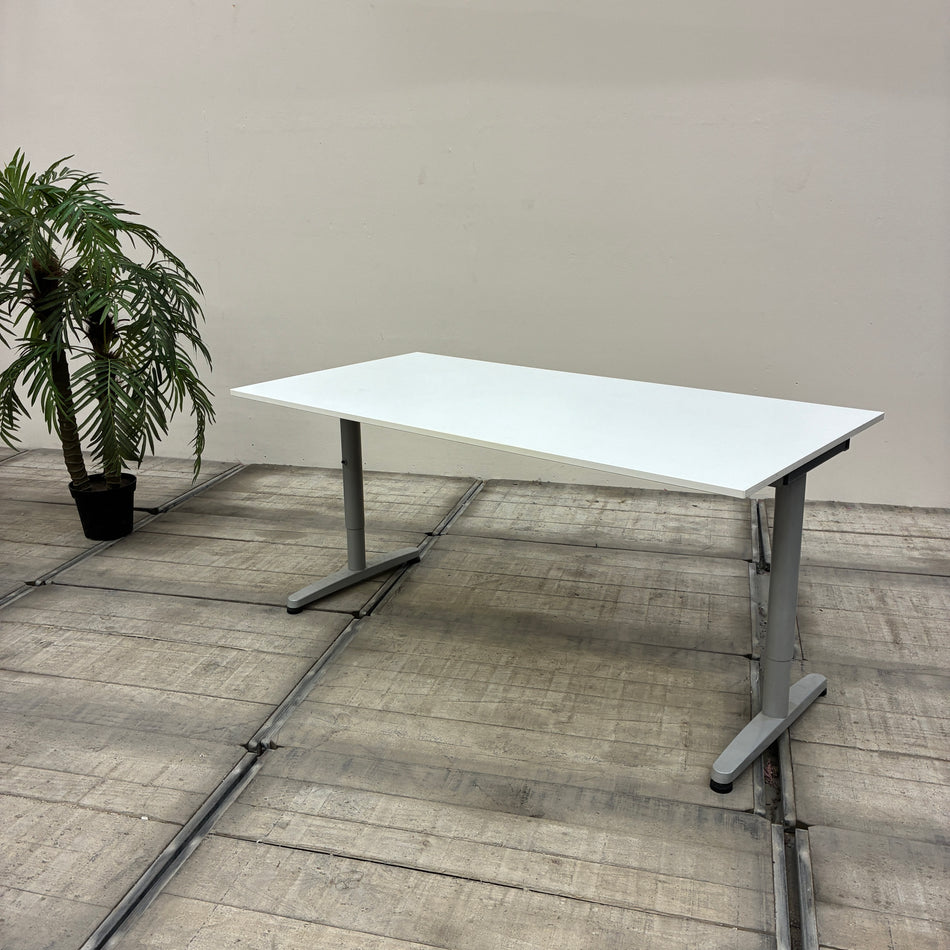 Schreibtisch Weiß 160x80 Silber Höhenverstellbar T-Fuß-Gestell Bürotisch Gebraucht