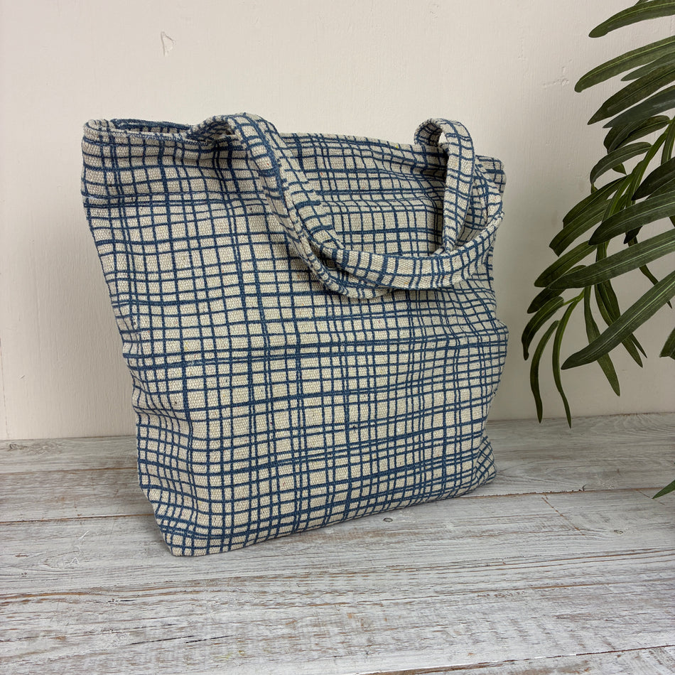 Design Stofftasche Shopper Blau Weiß Kariert Baumwolle Strandtasche Neu