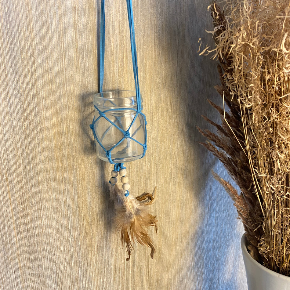 Teelichthalter Lederanhänger Boho 60cm blau Deko