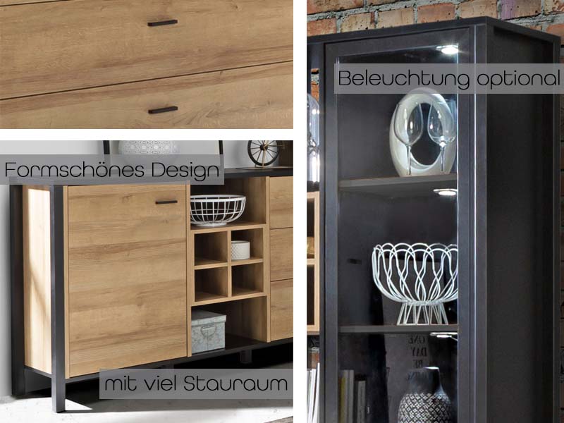 CALI Standvitrine Schwarz / Riviera Eiche Schrank Vitrine