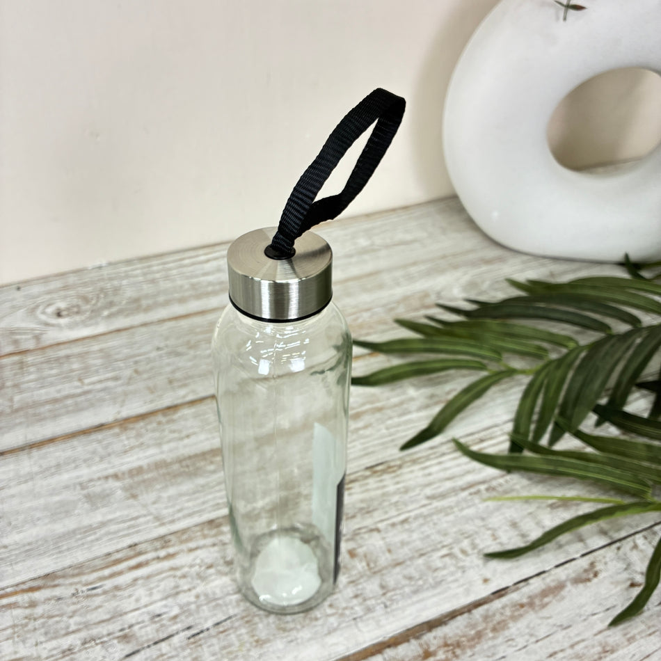 Trinkflasche 500ml Glas Transparent Schwarzes Band Metalldeckel Wasserflasche