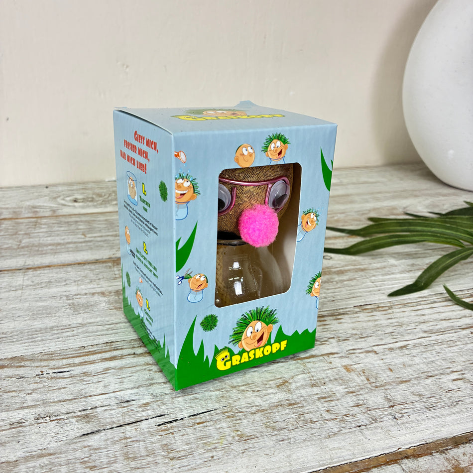 Graskopf Im Glas Rosa 12cm Gesicht Pflanze Pflanz-Set Grasgesicht Deko
