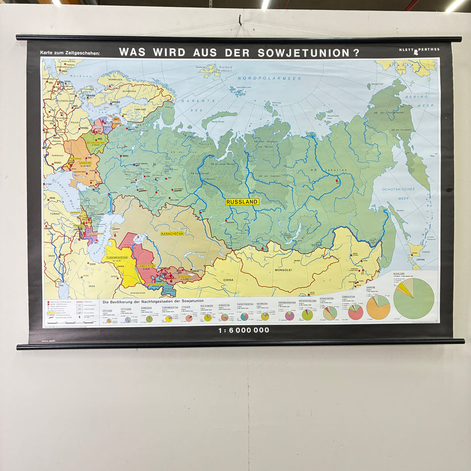 Vintage School Map – What Will Become of the Soviet Union? – Political Geography Educational Chart, Velcro, Perthes Roll Map, Used