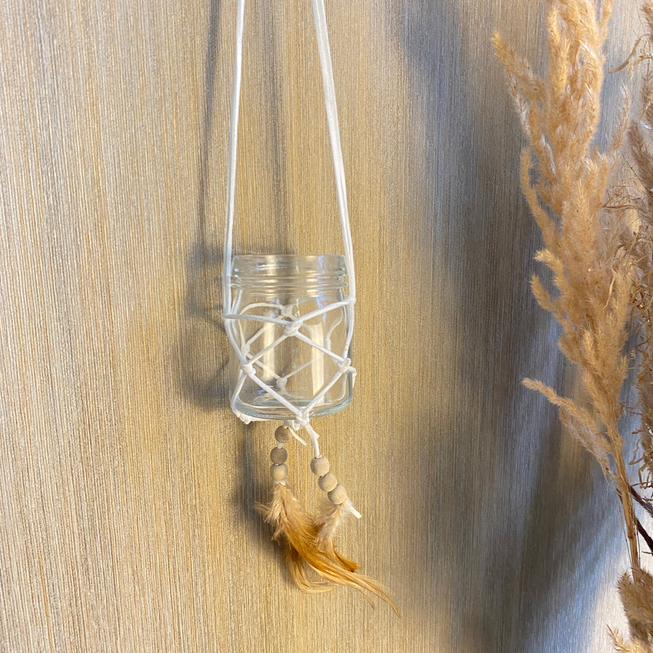 Teelichthalter Lederanhänger Boho 60cm weiß Deko