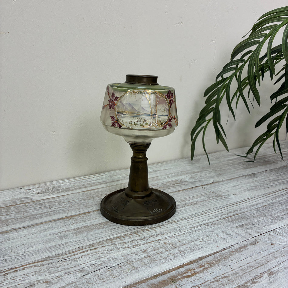 Antike Petroleumlampe Art Nouveau Jugendstil Messing Glaskunst Handbemalt Deko Gebraucht