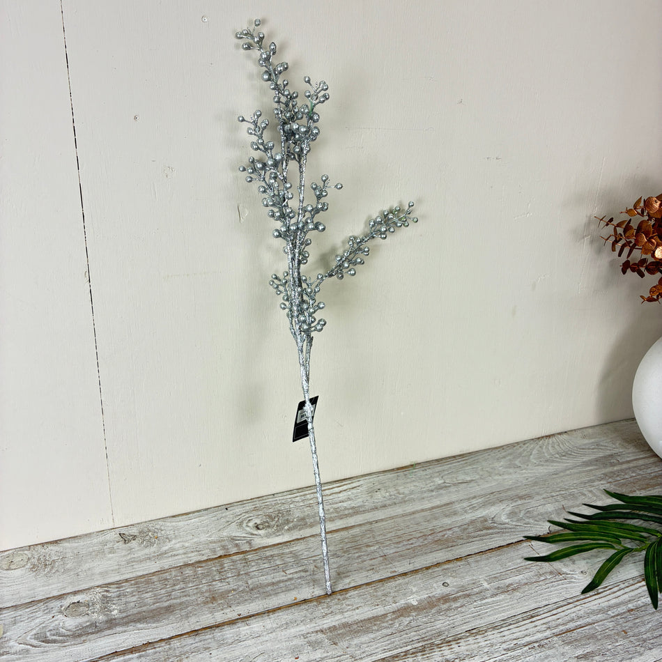 Kunstzweig Beeren 70cm Zweig Beerenzweig Silber Glitzer Kunstzweig Deko