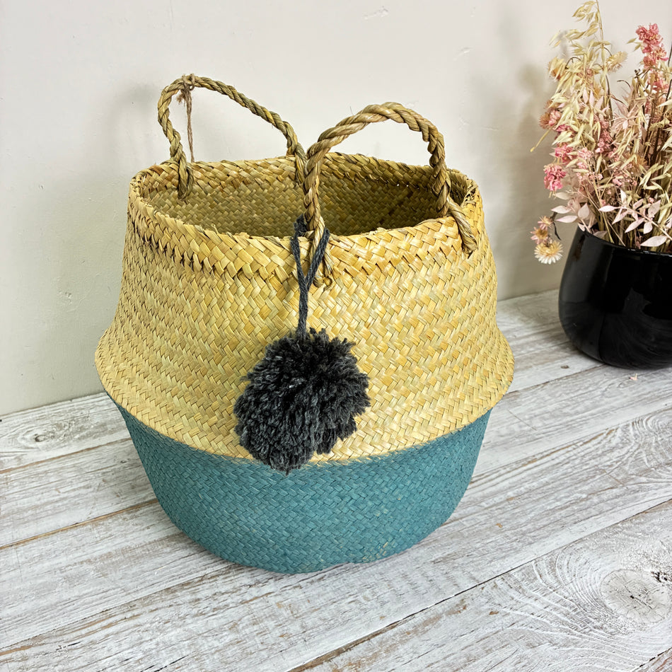 KidsDepot Aufbewahrungskorb PomPom Seegras Petrol Natur Quaste Deko