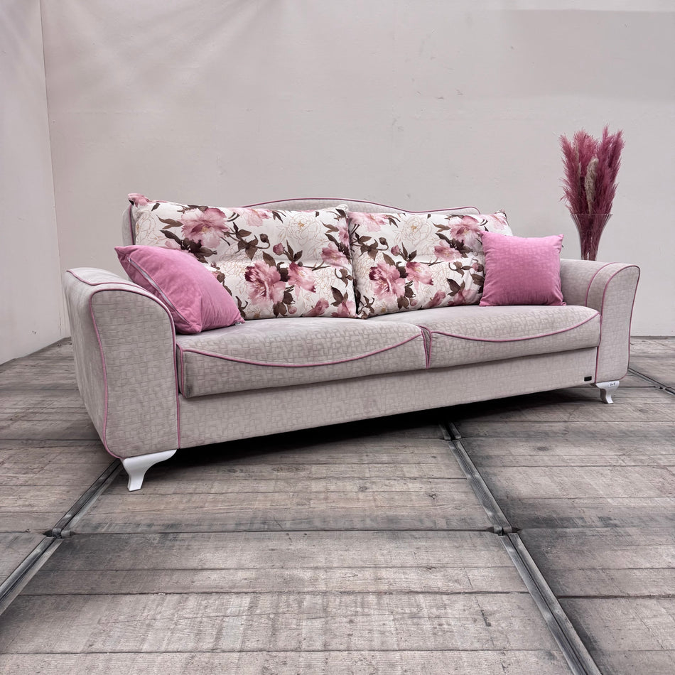 Savolli Dreisitzer Couch Beige Grau Rosa mit Kissen Sofa Gebraucht