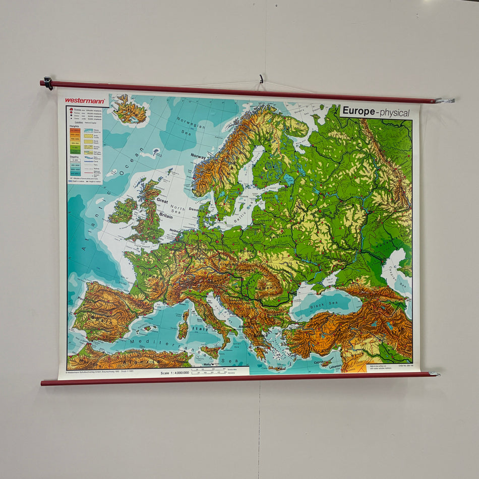 Vintage Schulkarte Europe physical Westermann Landkarte Europa Rollbild Geografie Wanddeko