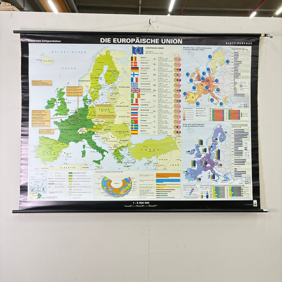 Vintage School Map – The European Union – Politics Social Studies Teaching Chart Velcro Perthes Roll-Up Used