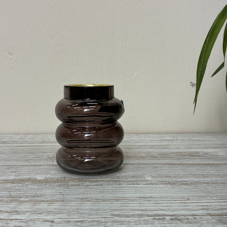 Design Windlicht Glas Teelichthalter Rauchglas Braun Gold Welle