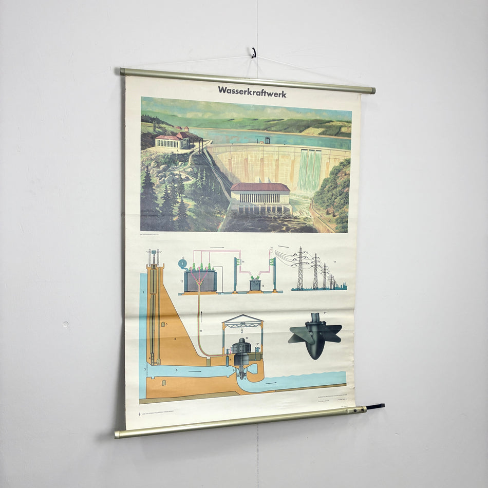 Vintage Schulkarte Wasserkraftwerk Technik Rollbild Volk und Wissen Lehrtafel Wanddeko
