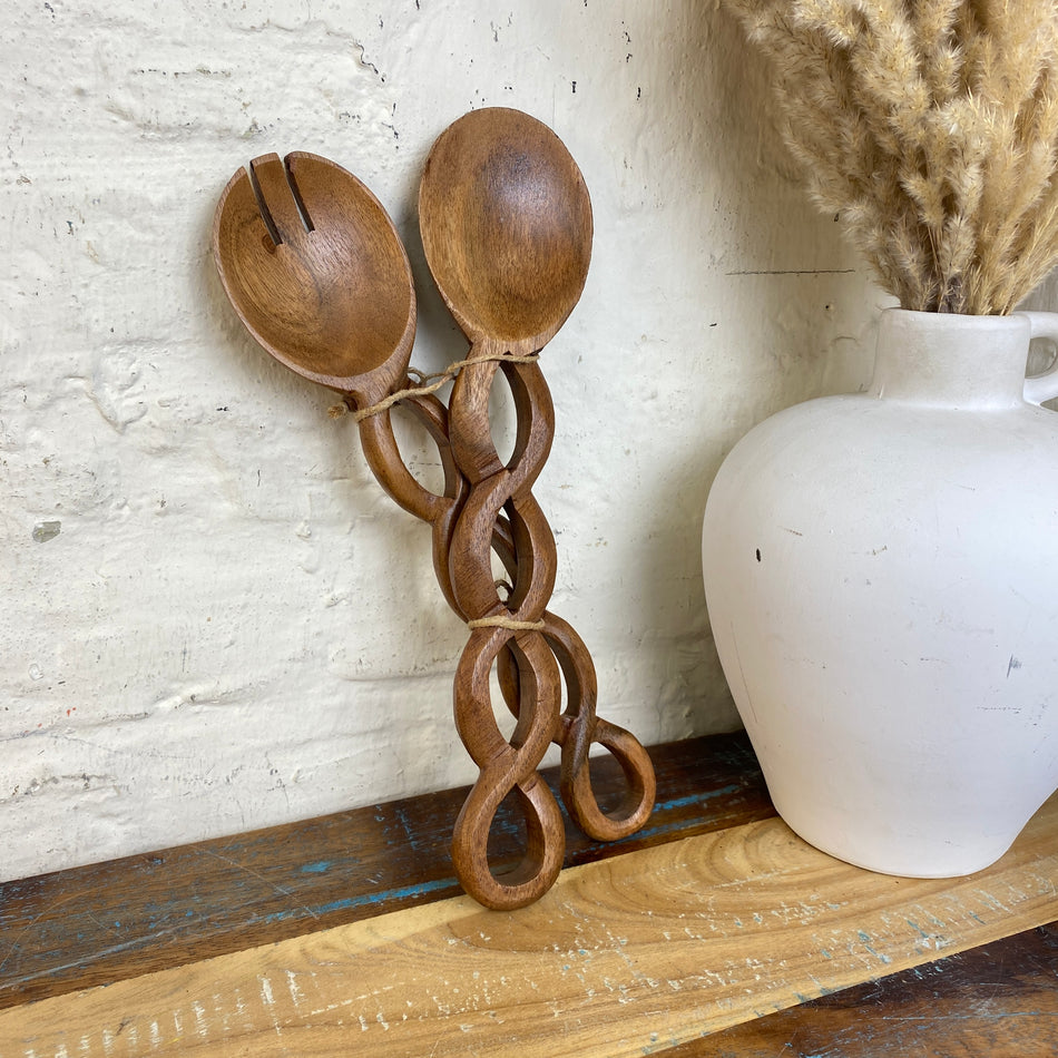 Salatbesteck dunkel braun Akazienholz 30cm Löffel & Gabel 2er Set