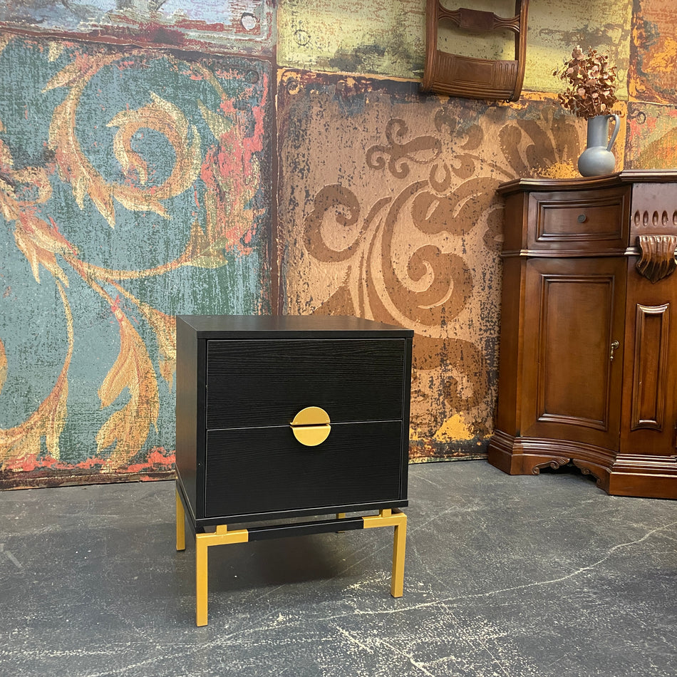 Schwarzer moderner Nachttisch mit goldenen Details – eleganter Beistelltisch Tisch gebraucht