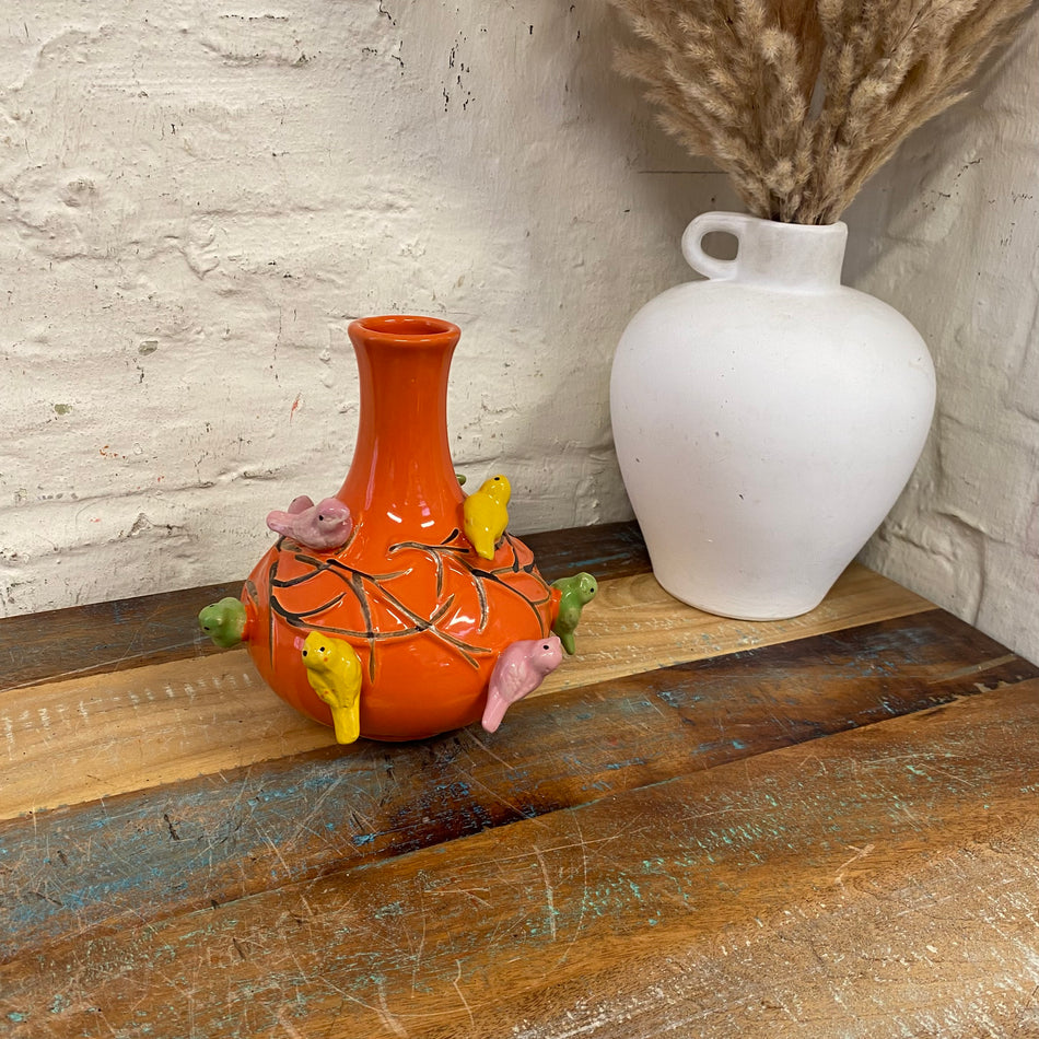 Vase orange Keramik Vogel Blumenvase Deko klein