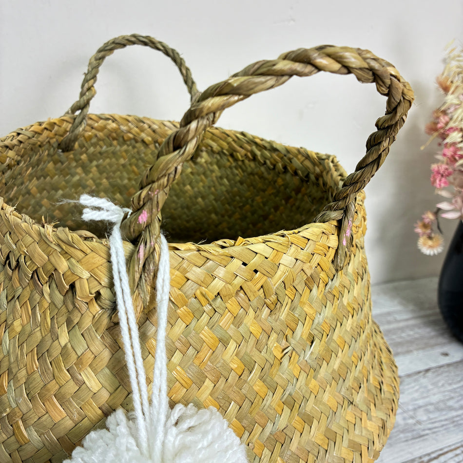KidsDepot Aufbewahrungskorb PomPom Seegras Weiß Natur Quaste Deko